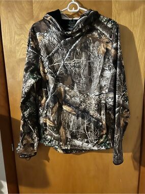 Realtree Edge Performance Camo Pullover Hoodie Built-In Neck Gaiter Sz S 34-36
